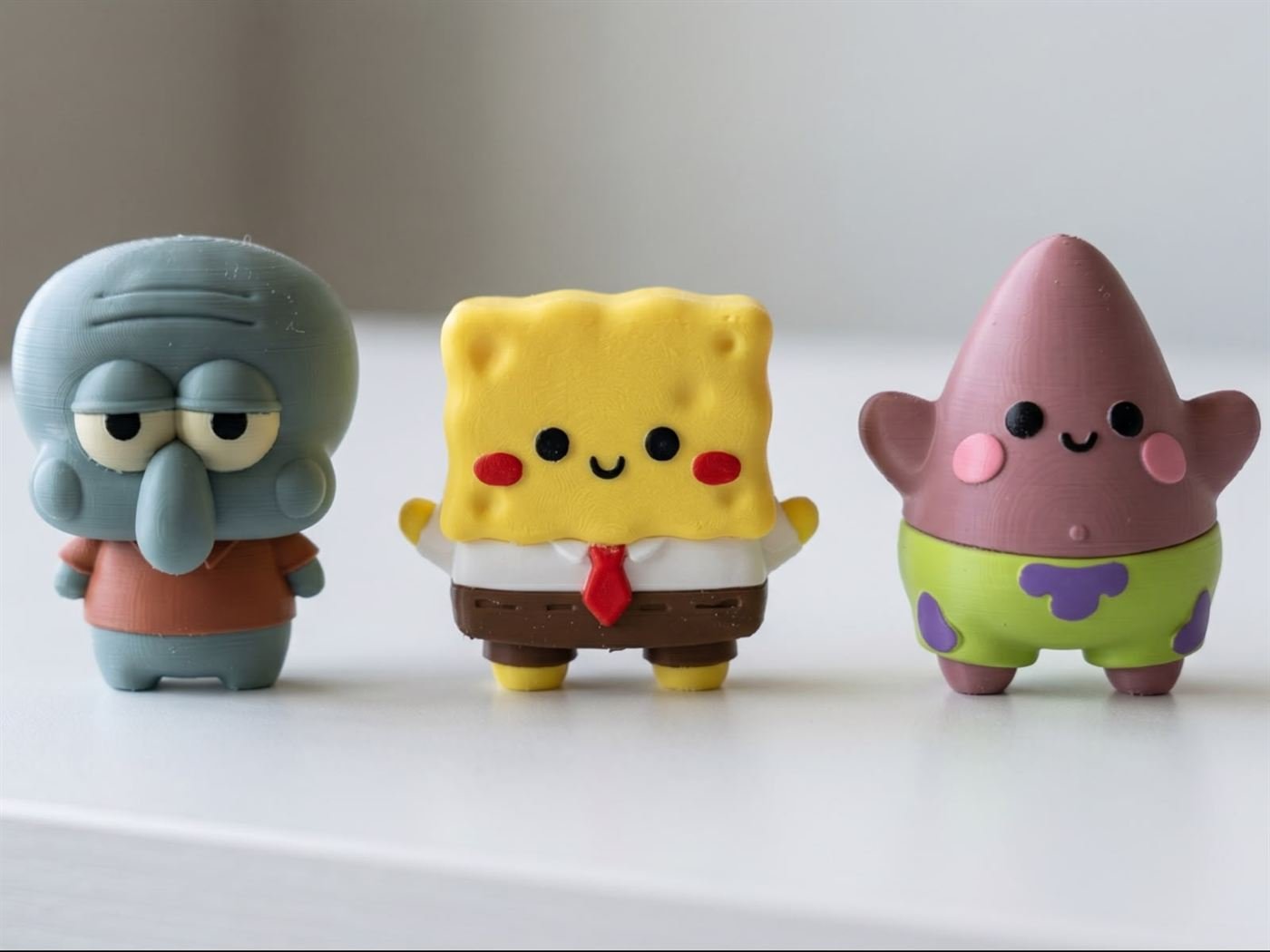 Tres figuras de personajes impresas y pintadas